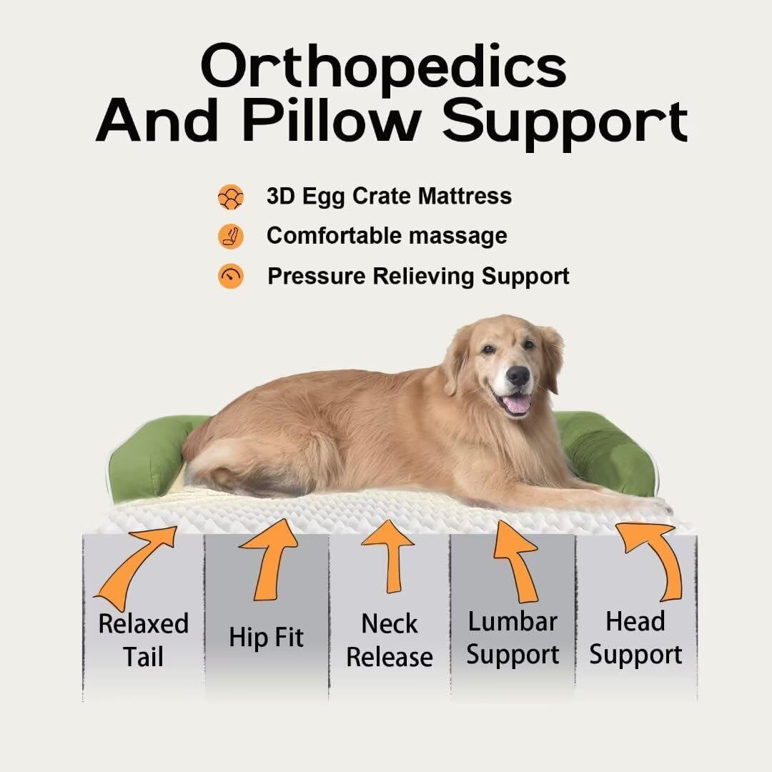 Large Dog Bed Orthopedic Washable - Memory Foam - XXL Large Big Dogs - Beds Bolster Pet - Couch Sofa - Waterproof with Removable Cover - Grass Green Dog Bed