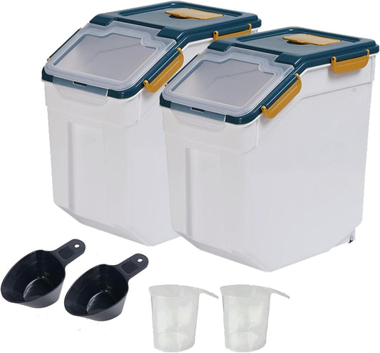 AnRui Airtight Flour Storage Container 25lb, Plastic Grain Storage Bucket, Rice Cereal Dispenser Organizer Box with Lid, Cat Dog Food Storage Bin with Measuring Cup, Scoop, Wheels, 2Pcs Blue
