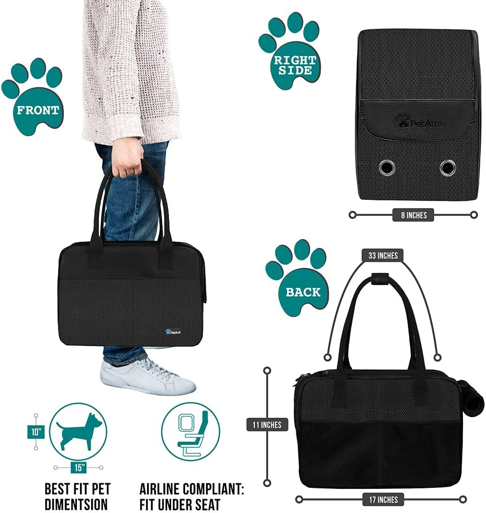 PetAmi Dog Purse Carrier for Small Dogs, Airline Approved Soft Sided Pet Carrier with Pockets, Ventilated Dog Carrying Bag for Puppy Cat, Dog Travel Supplies Bag, Sherpa Bed, Max 12 lbs, Black