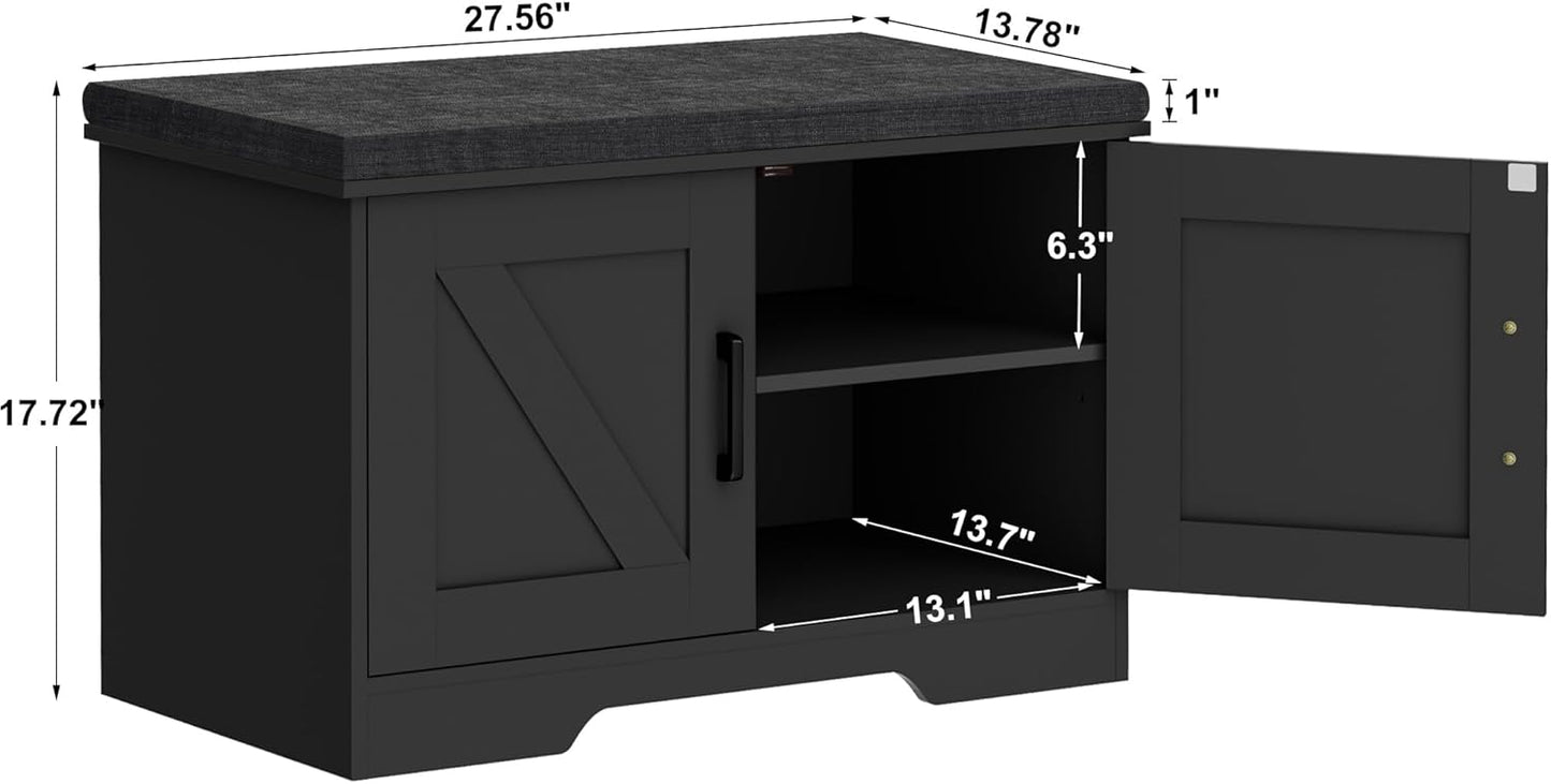2-Tier Storage Bench, Shoe Bench with Padded Seat Cushion, Entryway Bench with 2 Barn Doors, Adjustable Shelf, 13.8" D x 27.6" W x 17.7" H, for Entryway, Living Room, Bedroom, Black