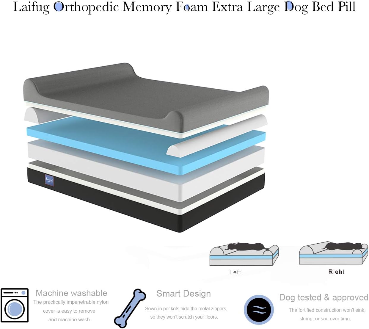 Laifug Orthopedic Memory Foam Extra Large Dog Bed Pillow(50"x36"x10", Chocolate) Durable Water Proof Liner & Removable Washable Cover & Smart Design