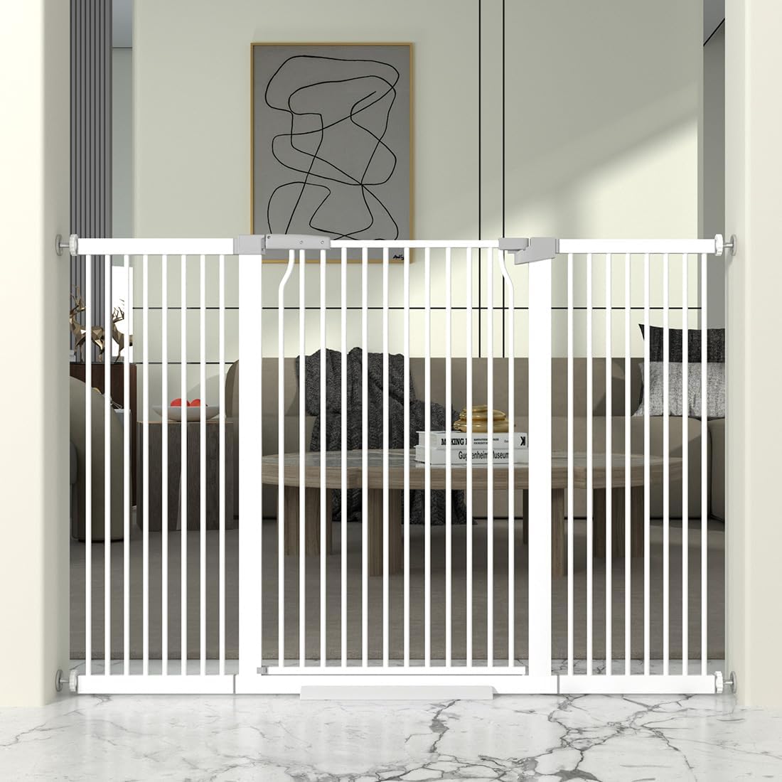 41" Extra Tall Cat Gate for Doorway, 54.5-60.2'' Metal Pet Baby Safe Gate, Extra Wide Pressure Mounted Child Door with Expansion Kit, No Drilling Baby Gate Indoor, No Climb Proof Gate, White