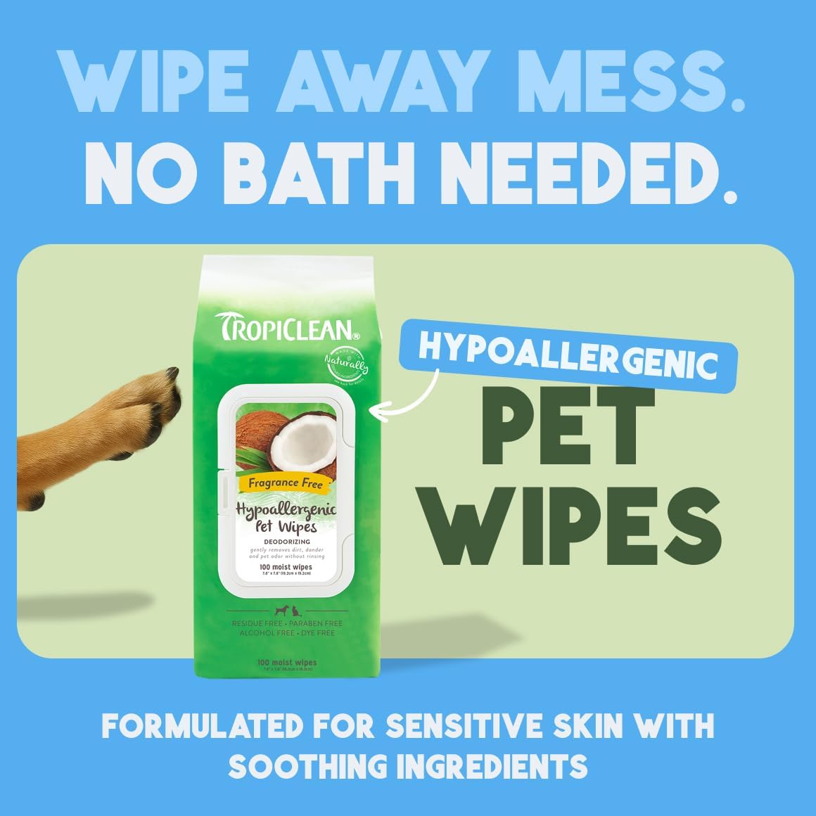 TropiClean Hypoallergenic Dog Wipes for Paws and Bottom | Fragrance Free Dog Grooming Wipes | Safe for The Face | Puppy & Cat Friendly | 400 Count
