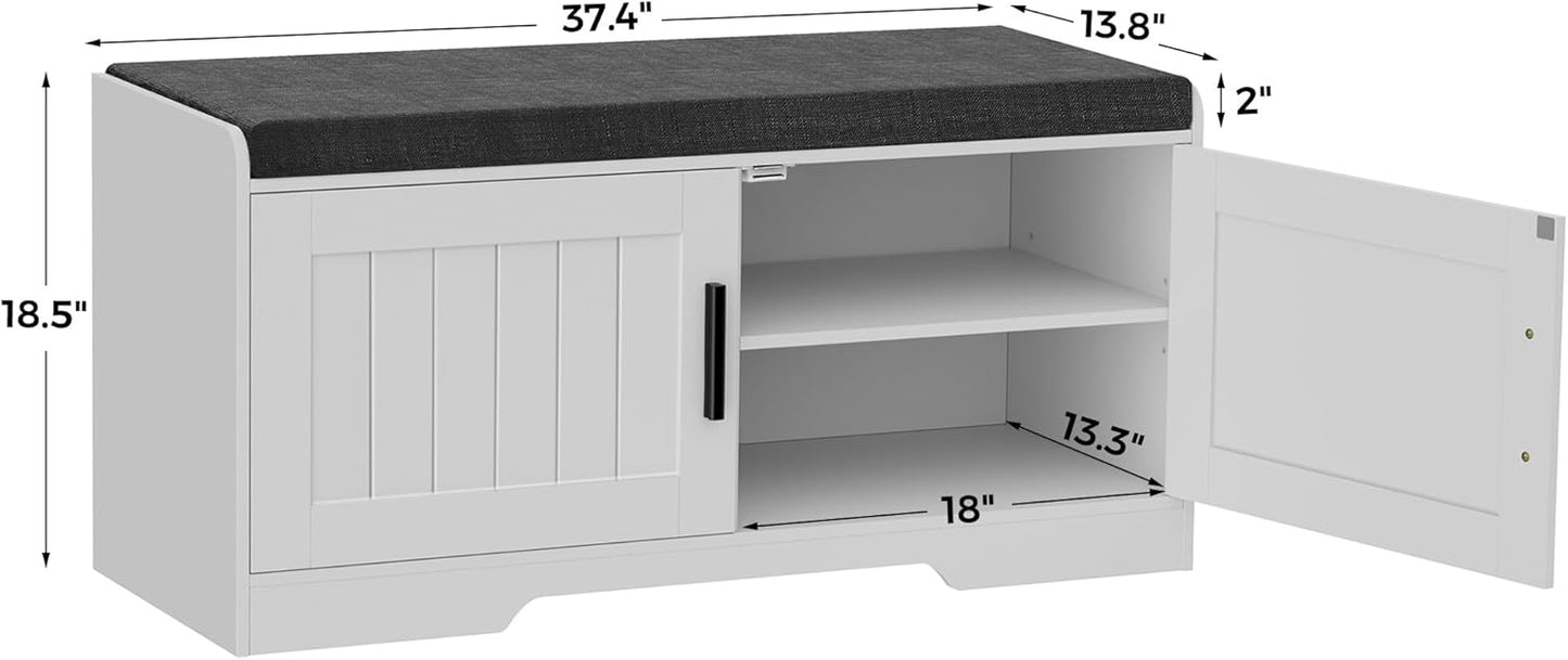 2-Tier Storage Bench, Shoe Bench with Thickened Padded Seat Cushion, Entryway Bench with 2 Doors, Adjustable Shelf, 13.8" D x 37.4" W x 18.5" H, for Entryway, Living Room, Bedroom, White