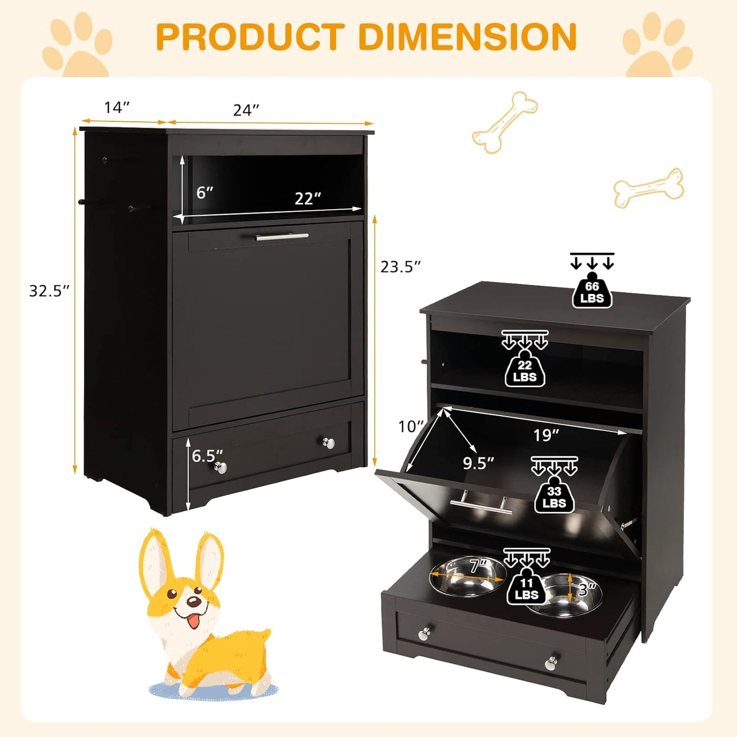 Tangkula Pet Feeder Station, Dog Food Storage Container With Double Pull Out Bowls, Food Toy Organizer Cabinet, Feeding Station Furniture for Dogs Cats Feeding & Watering Supplies (Brown)