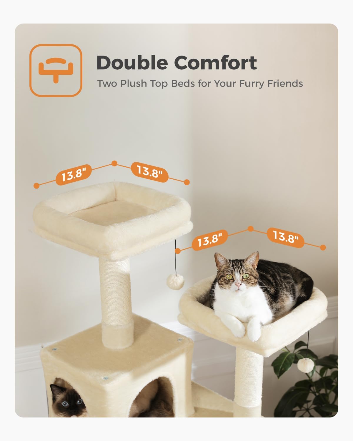 PAWZ Road 70 Inch Cat Tower, Tall Cat Tree with 2 Cozy Condos, 2 Plush Perch, Large Basket, 2 Scraching Pad & 6 Scraching Posts for Indoor Cats Large Adult, Beige