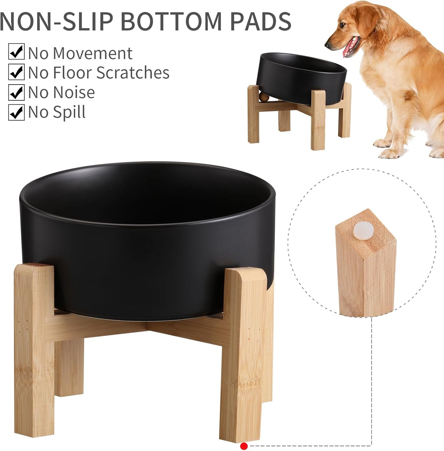 Black Elevated/Raised 15°Tilted Anti Slip Ceramic Dog Bowl for Small/Medium Breeds,Slanted Bulldog Big Face Pet Food Water Feeding Dish with Stand for Cats and Dogs (3.6 Cups/28 OZ)