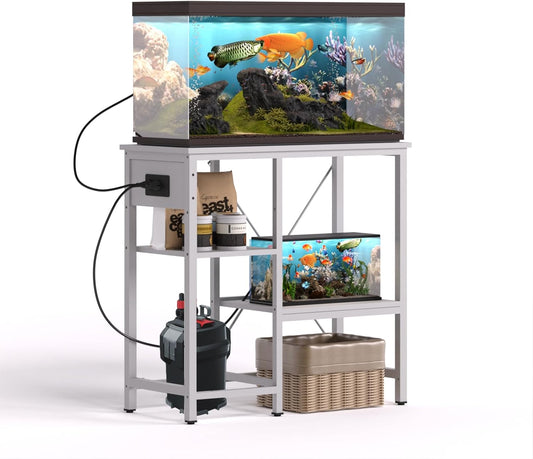 20-29 Gallon Fish Tank Stand with Power Outlet & LED Light, Metal Aquarium Stand with 3 Tier Adjustable Storage Shelves, Tank Stand for Reptile Tank, Turtle Tank, 30.7" L*13.8" W, White