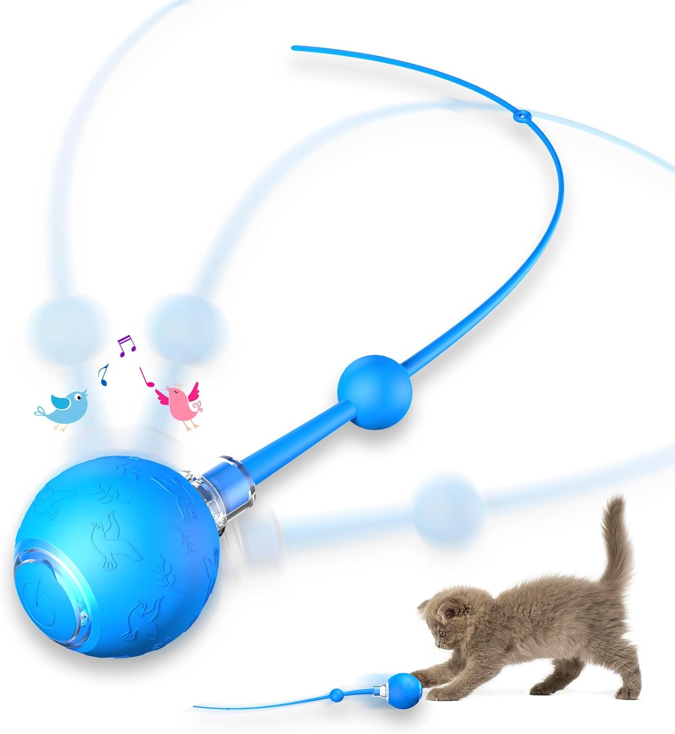 Interactive Cat Toy for Indoor Cats,Automatic Electric Self Rotating Ball with Chirping, Led Light and Long Tail for Motion Activated, Smart Spinning Ball for Fun Exercise, Blue