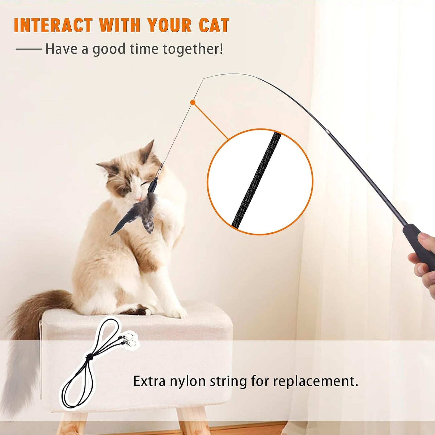 Retractable Cat Wand Toys - Interactive Feather Wand with Bell for Indoor/Outdoor Cats, 8 Pack