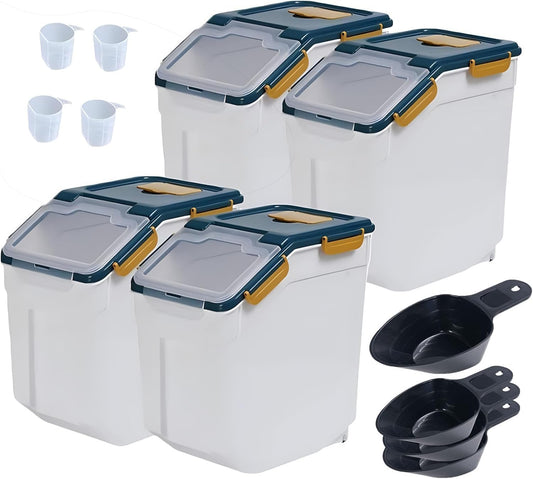 AnRui Large Flour Storage Containers 25Lbs Airtight Rice Storage Container BPA Free Kitchen Pantry Food Storage Bin Sugar Snack Cereal Grain Organizer Box with Wheel, Scoop, 4Pack, Blue