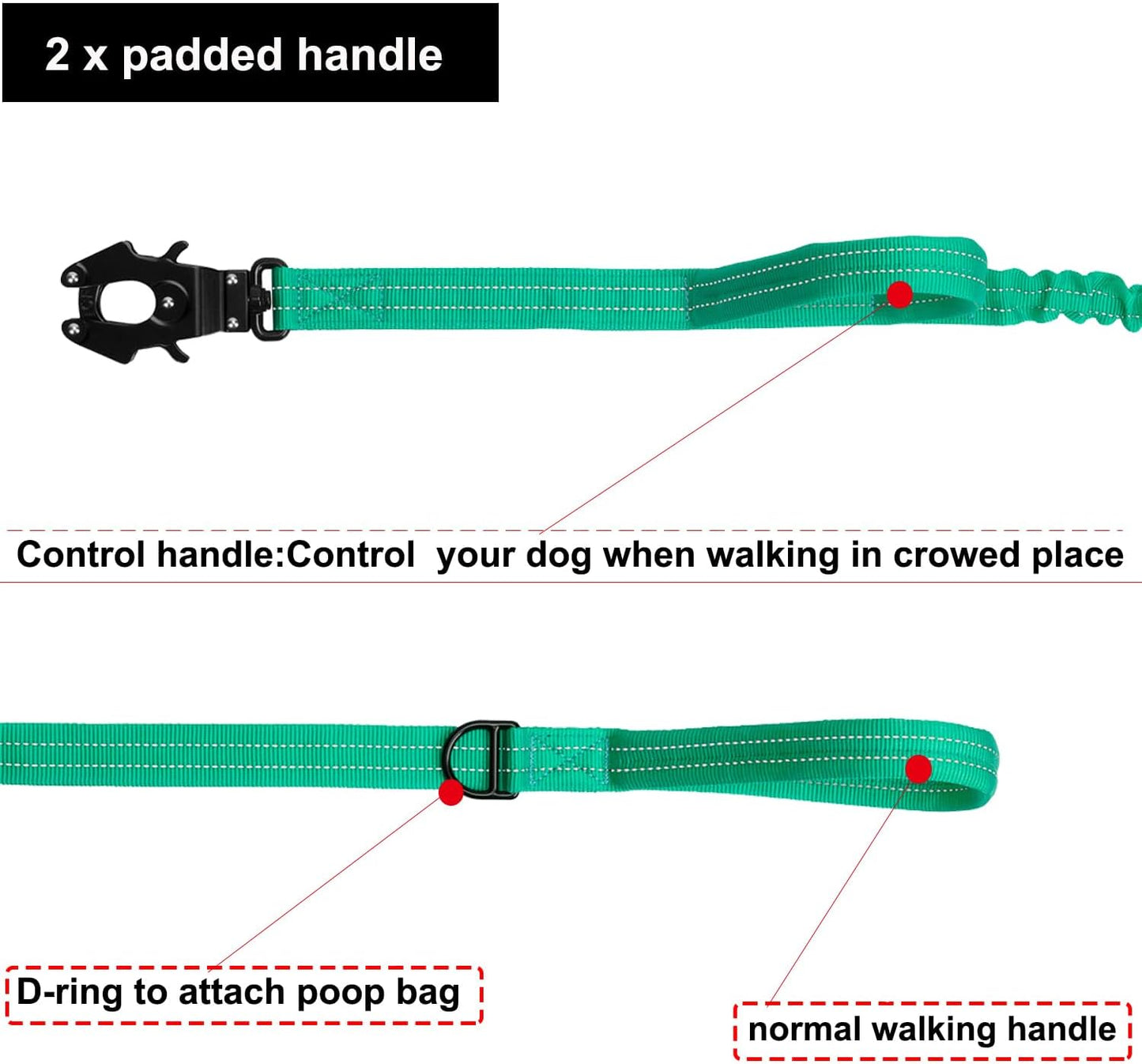 ICEFANG Tactical Dog Leash,K9 Training Walking Bungee Lead with 2 Control Handle,Heavy Duty Quick Release Metal Clasp,for Medium Large Breed (Teal, 6 FT)