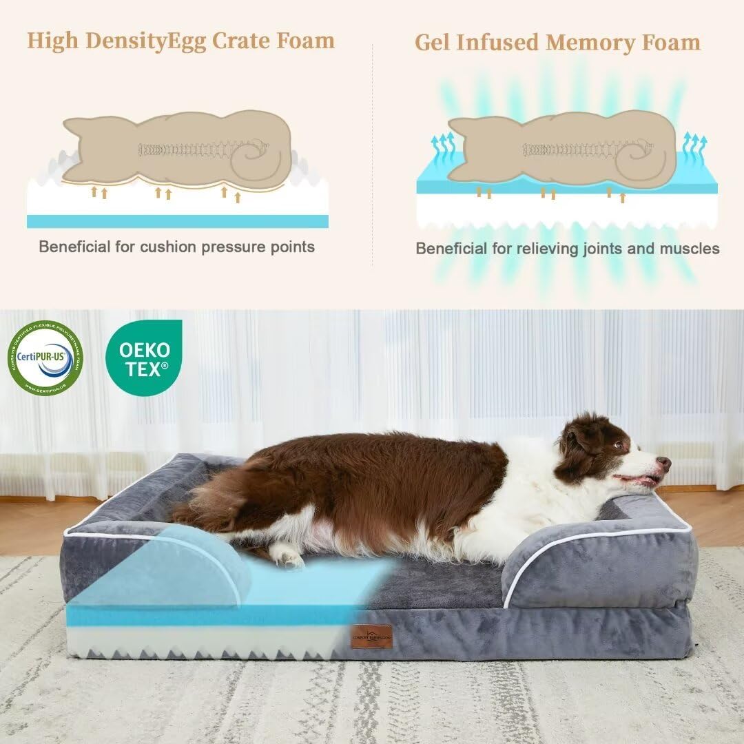 Comfort Expression Dog Beds Memory Foam, XXL Orthopedic Waterproof Dogs Beds, Giant Washable Dog Beds with Bolster & Removable Cover(XX-Large,Leaden Grey)