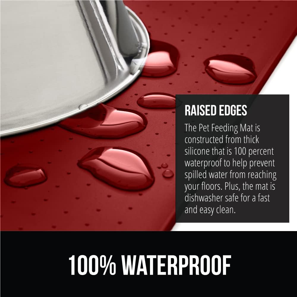 GORILLA GRIP 100% Waterproof Raised Edge BPA Free Silicone Pet Feeding Mat, Dog Cat Food Mats Contain Spills Protects Floors, Placemats for Cats and Dogs Water Bowl, Pets Accessories 28x18 Red