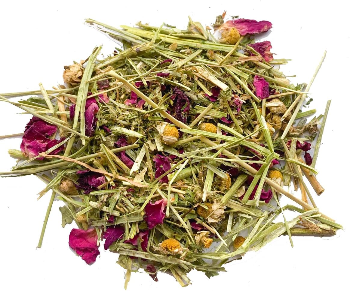 Herbal Calming Forage: Premium Rabbit Food, Hay for Guinea Pigs Food, Chinchilla Food, Hamster Treat Made with Timothy Hay & Organic Herbs (10 Ounces)