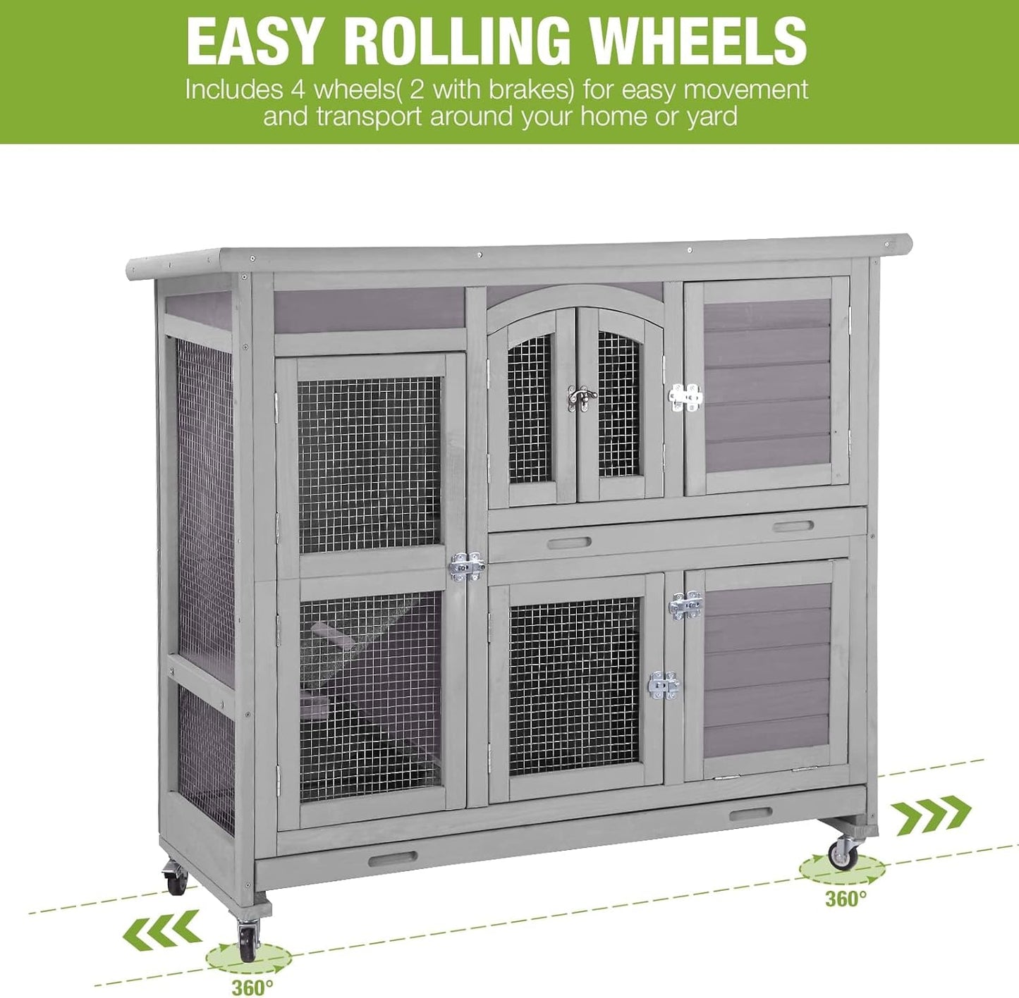 GUTINNEEN Guinea Pig Cage 2 Story Indoor Rabbit Hutch Outdoor Bunny House with Wheels and Leakproof Tray 47" L