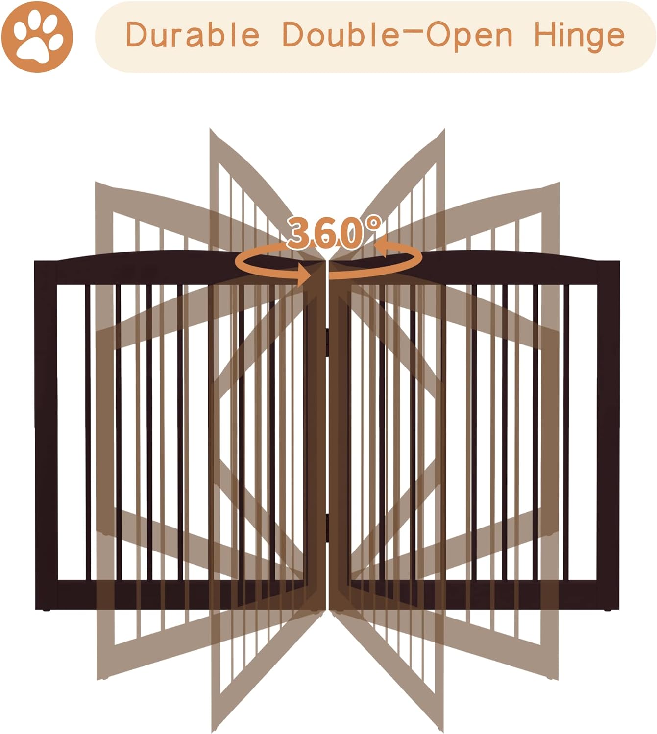 Freestanding Pet Gate for Dogs, Foldable Wooden Dog Gate for House, Extra Wide Indoor Pet Barrier for Stair, Doorway, Hall, Support Feet Included, 120 Inch Wide, 6 Panels 24", Brown