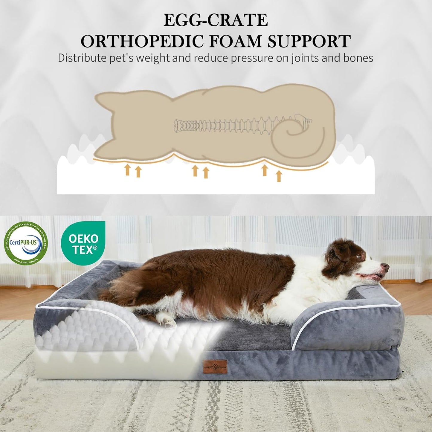 Comfort Expression Waterproof Large Dog Beds Orthopedic Foam Dog Beds Sofa Comfy Pet Bed with Washable Removable Cover & Non-Slip Bottom(Large,Dark Grey)