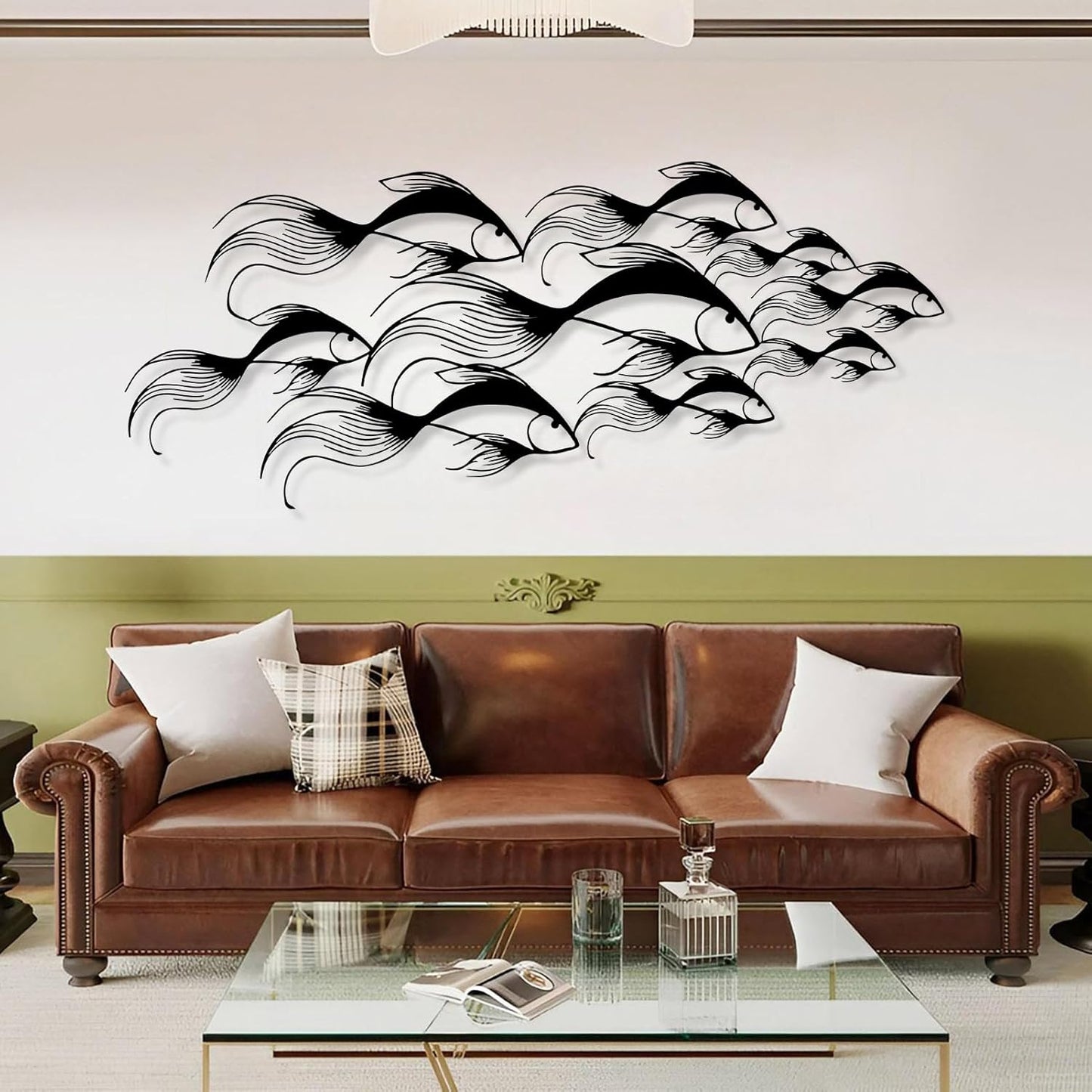 School of Fish Metal Wall Art, Metal Fish Wall Decor, Sea Life Wall Art, Large Nautical Wall Hanging, Modern Beach House Wall Decor, Ocean Themed Artwork for Bathroom (Silver, 53"x22" | 135x57cm)