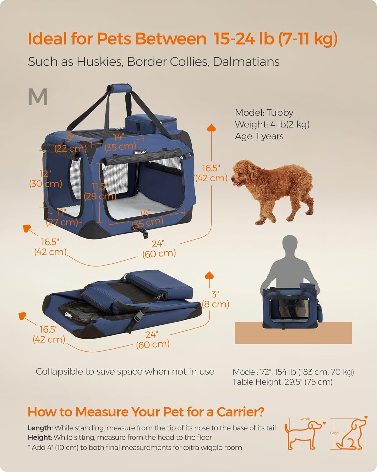 Feandrea 24 Inches Collapsible Soft Dog Crate, Portable Travel Dog Crate for Indoor and Outdoor Use, Dog Carrier Kennel with Safety Zippers, for Living Room, Car, Travelling, Campin, Dark Blue UPDC60Z