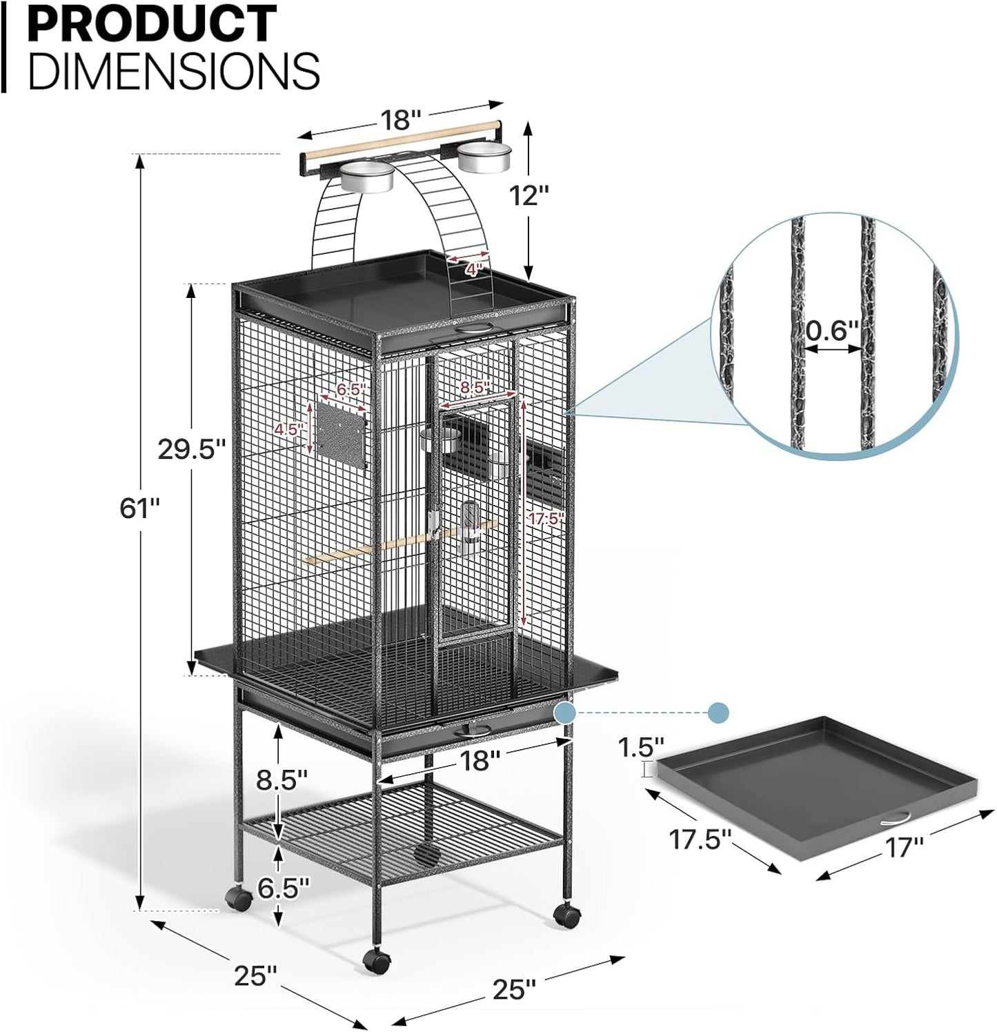 MoNiBloom 61 Inch Large Bird Cage with Rolling Stand, Wrought Steel Flight Birdcage w/Play Top for Parakeets Cockatiels Lovebird Budgie, Black