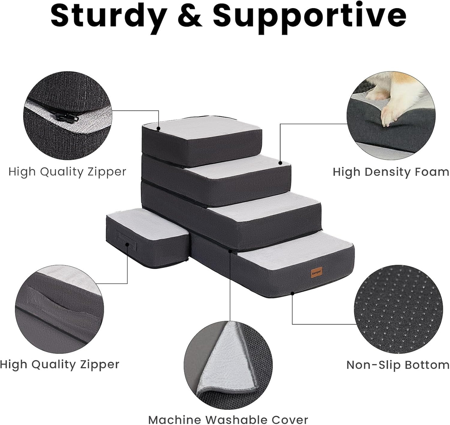 3-Step Adjustable Dog Stairs for Sofa and Couch, Dog Steps for Small Dogs and Cats, Foldable Pet Stairs for Low Bed Climbing, Non-Slip Pet Step Indoor, Grey