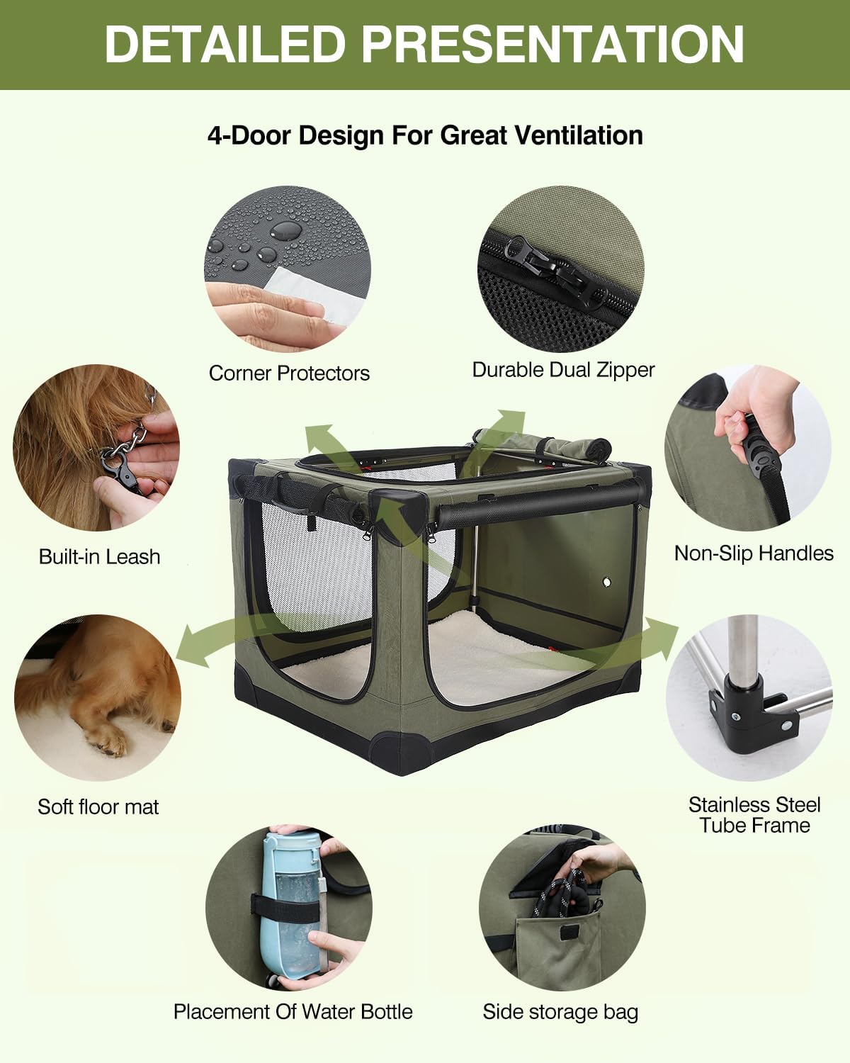 30-Inch Collapsible Travel Dog Crate, Portable 4-Door Soft Kennel for Medium to Large Dogs, Durable Mesh Windows, Indoor/Outdoor Use, Foldable, with Storage Bag (Green)