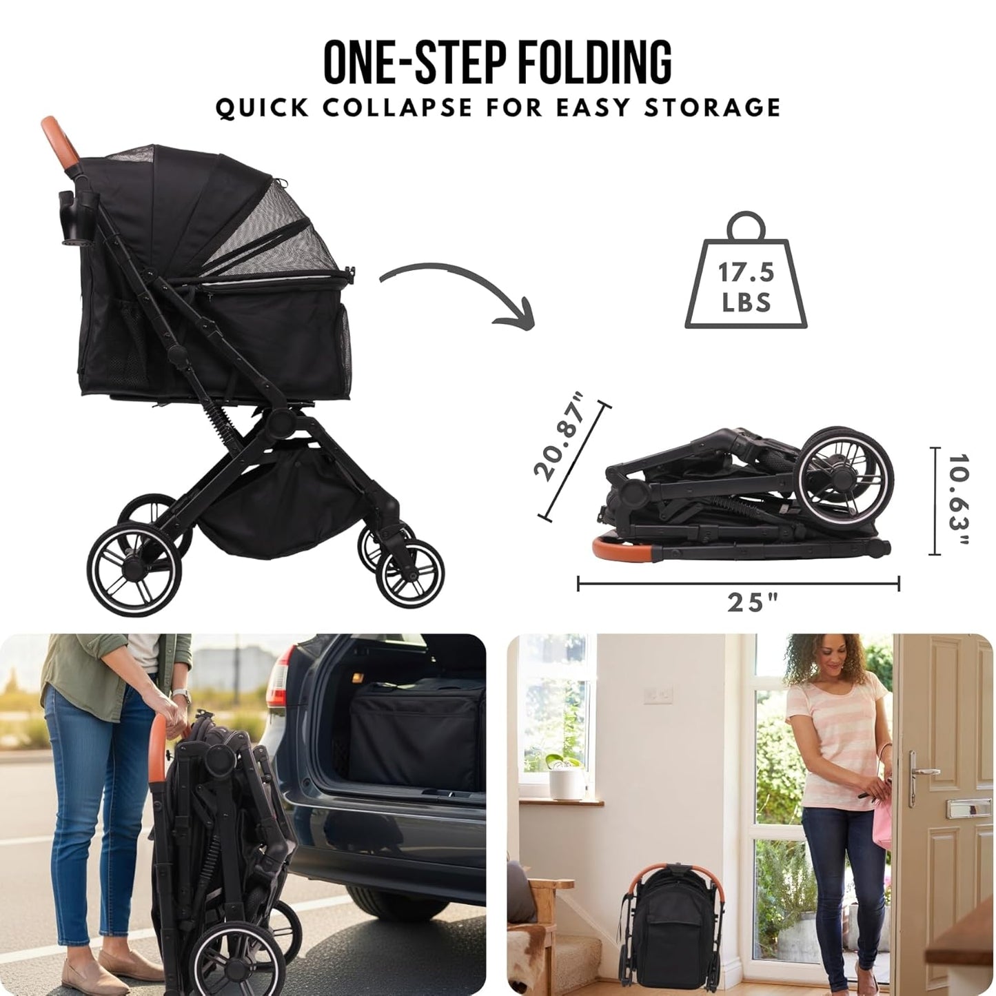 Pet Stroller for Small Medium Dogs Cats Up to 45 lbs, Travel Lite Collapsible, All Terrain 4 Wheels for Jogging, Running, Black