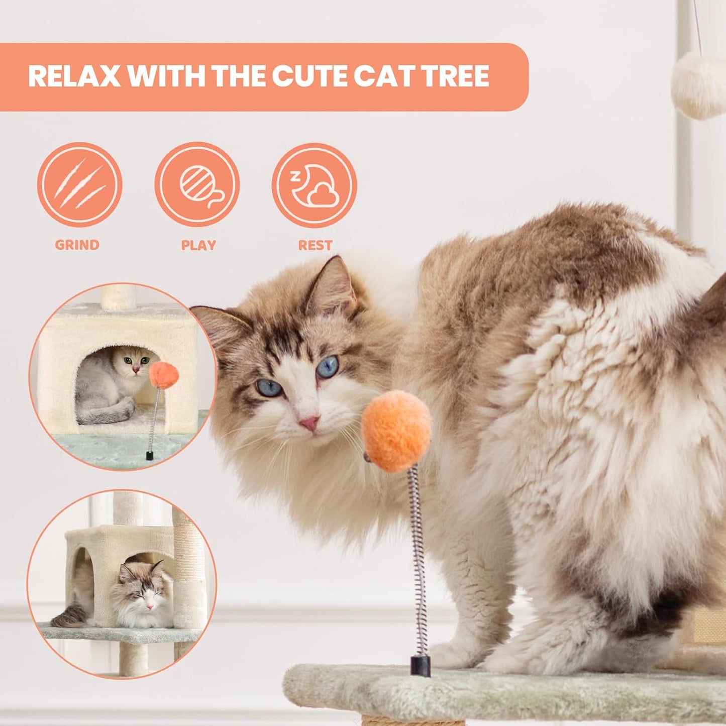 HYABi 59 Inch Flower Cat Tree Tower - Multi-Level Cat Condo with Plush Scratching Posts, Toy Balls, and Pet House, Indoor Play Platform for Large Adult Cats, Stylish Color Design