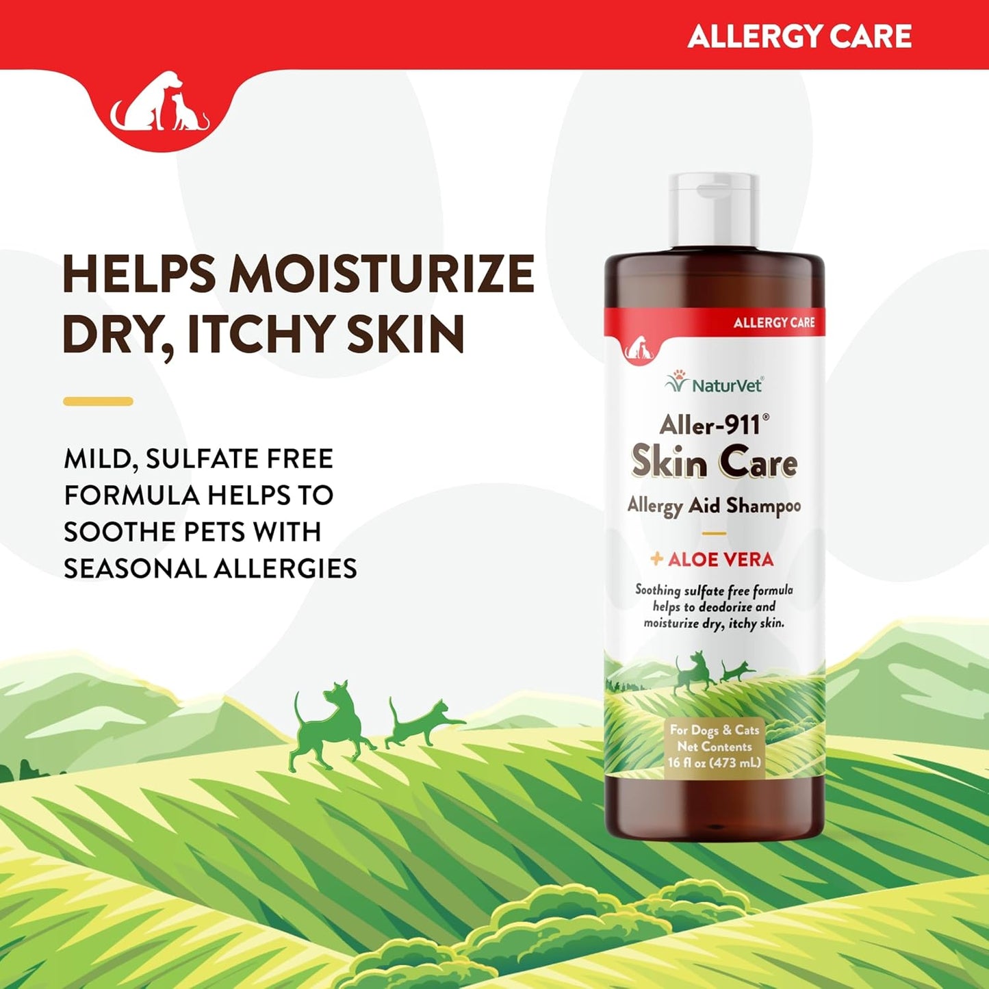 NaturVet Aller-911 Skin Care Allergy Aid Pet Shampoo with Aloe Vera – Pet Health Supplement Shampoo & Grooming Aid for Dermatitis, Dog Skin Allergies, Itching, Hot Spots, Cat Rashes – 16 Oz.