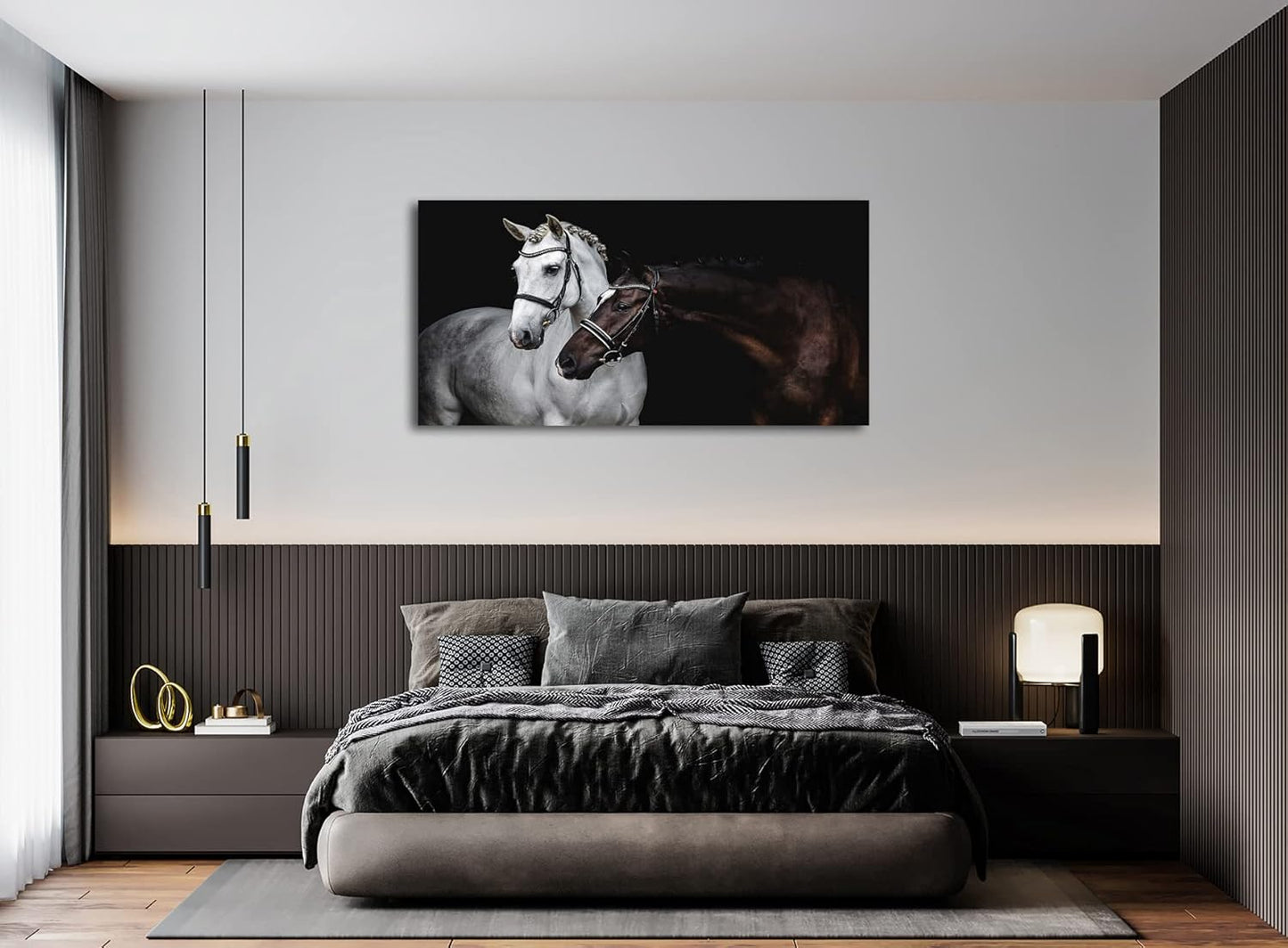 Jiuqinghua Wall Art Canvas Print Picture White and Brown Horses 1 Panel Wild Animal Painting Artwork for Living Room Bedroom Office Home Wall Decor Stretched and Framed Ready to Hang 24x48inches