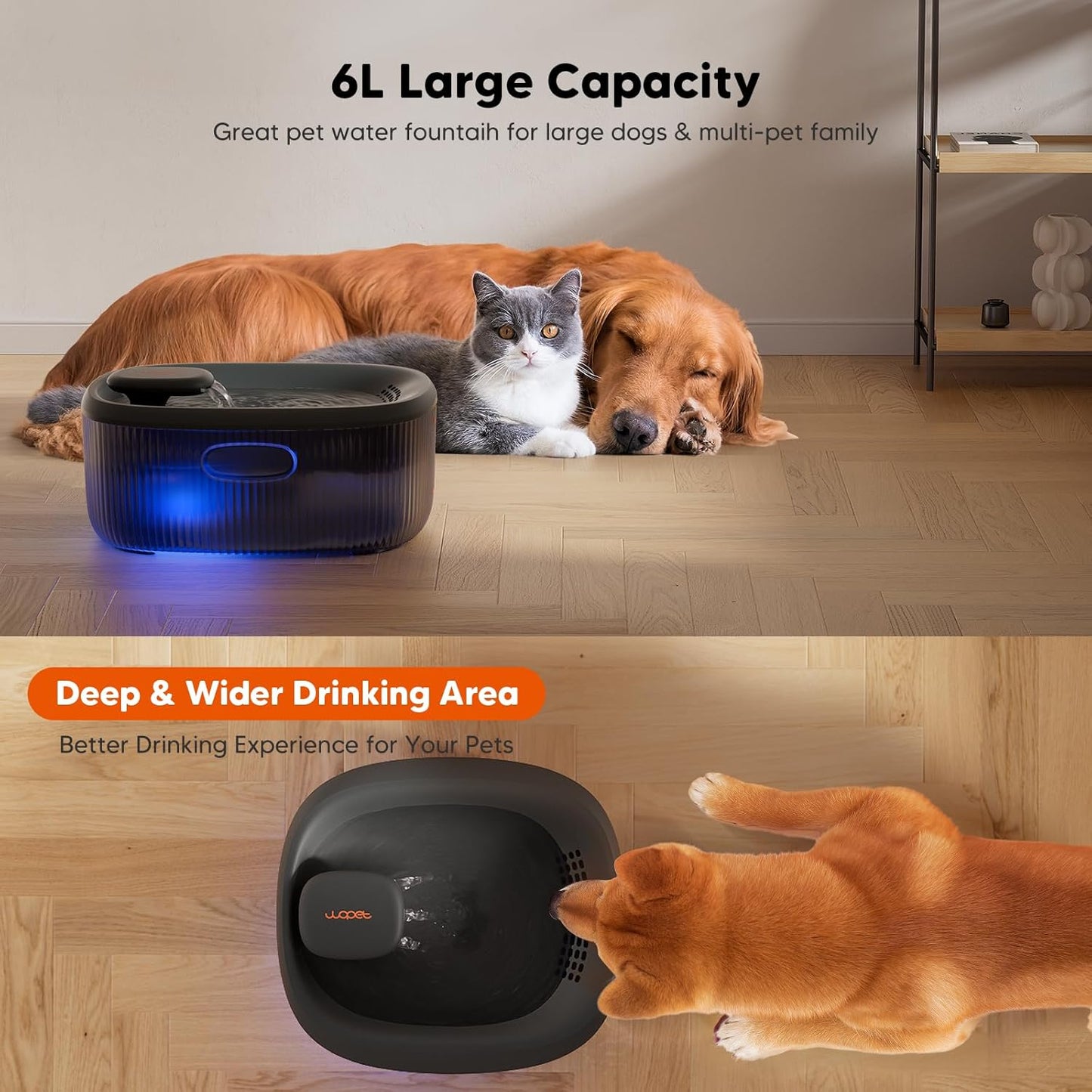 WOPET Dog Water Fountain for Large Dogs, 6L/205oz/1.7Gal Automatic Dog and Cat Water Fountain,Dog Water Dispenser with 6 Filters,Ultra-Quiet Pump,Great for Large Dogs Cats and Multi-Pet Home