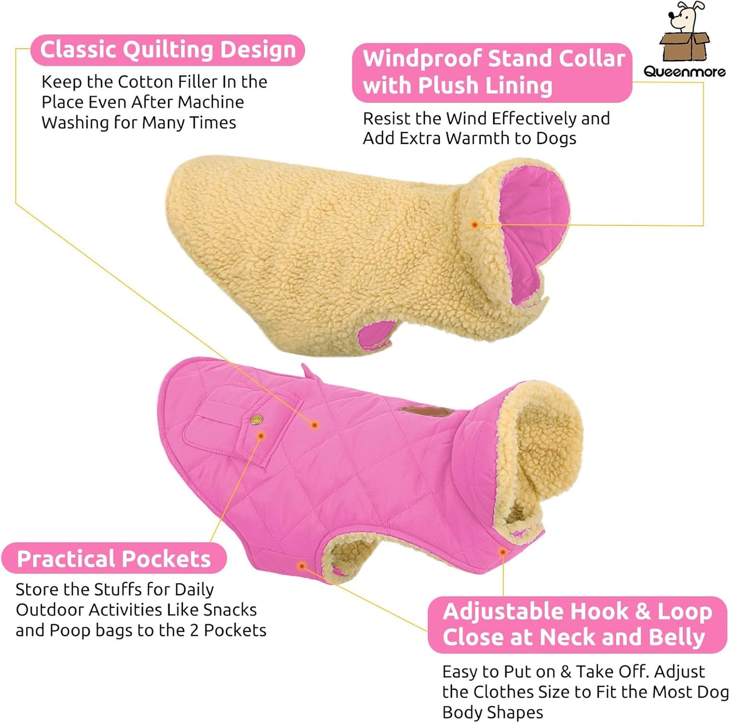 Queenmore Dog Winter Coat - Fleece Jacket, Waterproof Cold Weather Clothes, Thick Warm Cotton Padding, Easy On Storage Pockets (Pink, Medium)