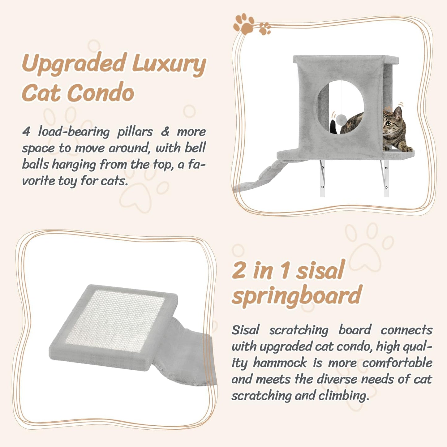NUNU LAB 7-in-1 Wall Mounted Cat Climber Set, Cat Furniture Set with House, Tunnel, Bridge, Tree, Steps, Scratcher Board, Hammock, Luxury Wall Shelves for Indoor, Gray