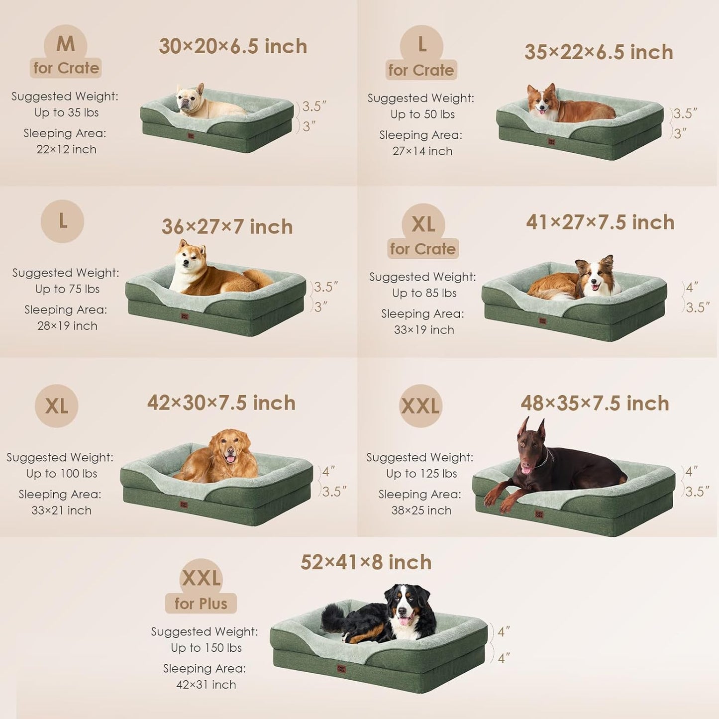 EHEYCIGA Memory Foam Dog Bed for Medium Size, Orthopedic Dog Sofa with Sides and Waterproof Liner, Washable Bolster Pet Couch with Removable Cover, 35x22x6.5 Inch, Green