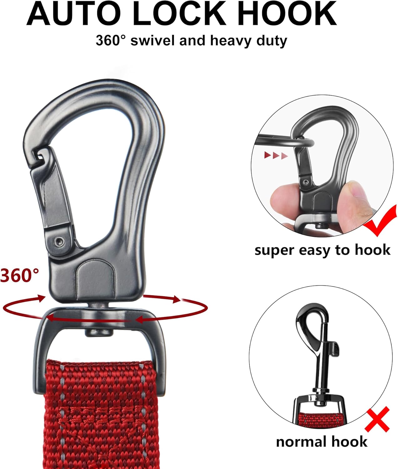 TwoEar 4FT 1IN Strong Red Dog Leash with 2 Padded Handles, Traffic Handle Extra Control, Comfortable Soft Dual Handle, Auto Lock Hook, Reflective Walking Lead for Small Medium and Large Dogs