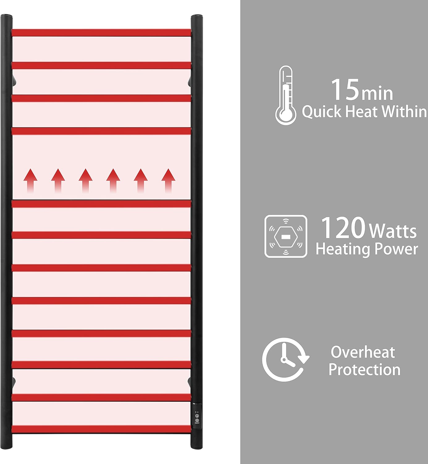 KEG Towel Warmer Wall Mounted with Built-in Timer 12 Bars Electric Stainless Steel Heated Towel Racks for Bathroom, Hot Plug-in Bath Towel Heater Matte Black