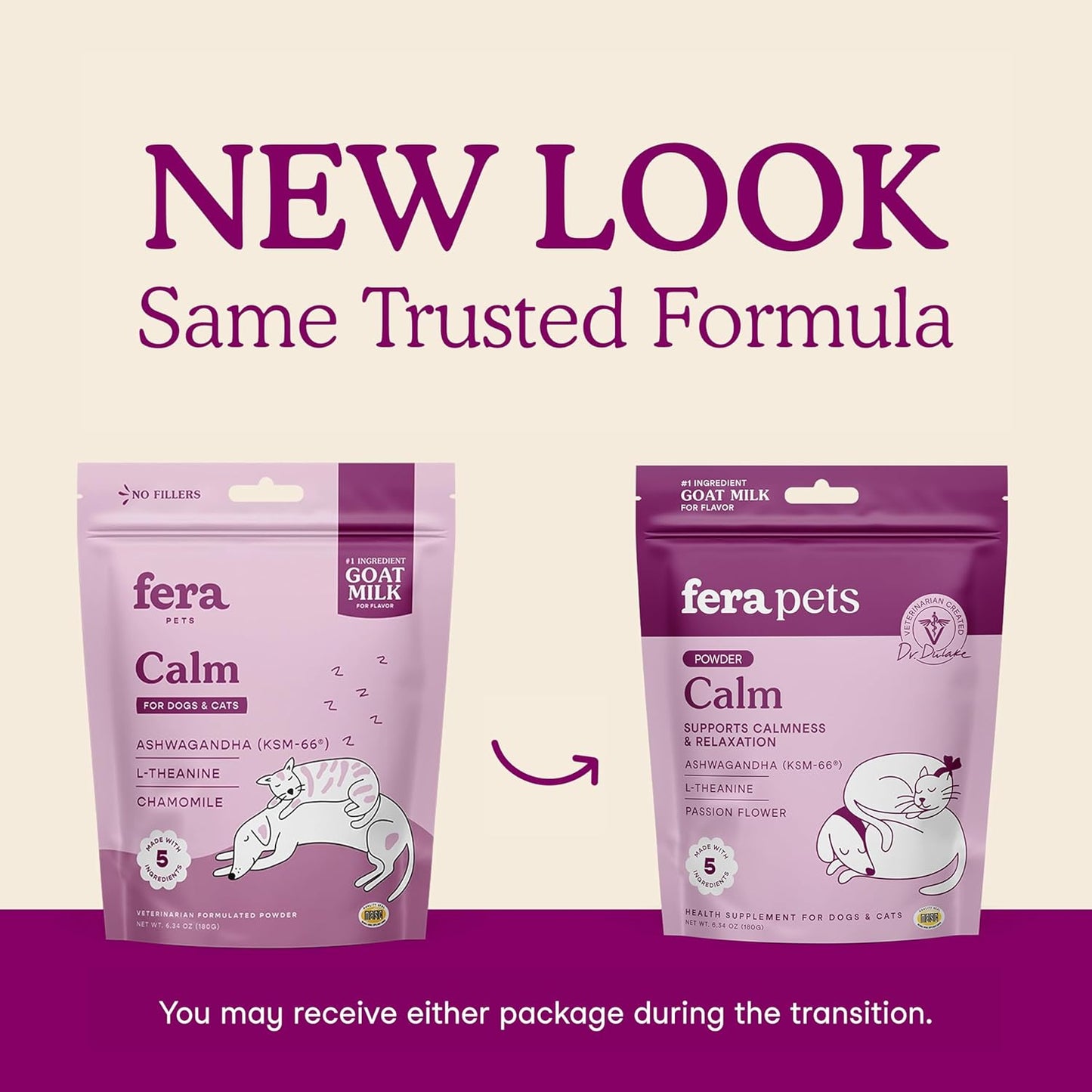 Fera Pets Goat Milk - Calming Supplement for Dogs & Cats - Ashwagandha, L-Theanine, & Passion Flower - Supports Anxiety Relief & Relaxation - for Picky Eaters - 60 TSP