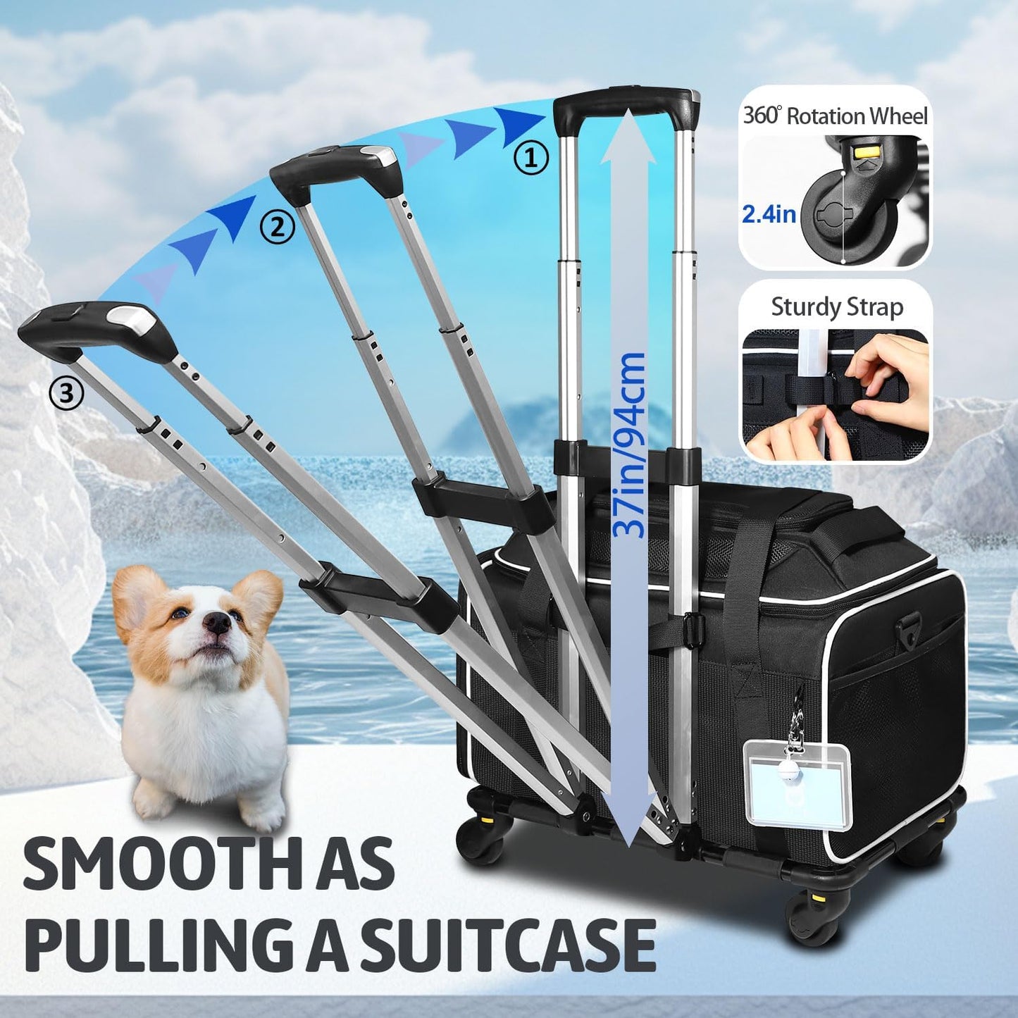 Petskd Top-Expandable Pet Carrier with Wheels 17x12x8.5 Inches JetBlue Allegiant Spirit Airline Approved, Soft-Sided Carrier for Small Cat Dog with Locking Safety Zippers and Anti-Scratch Mesh(Black)