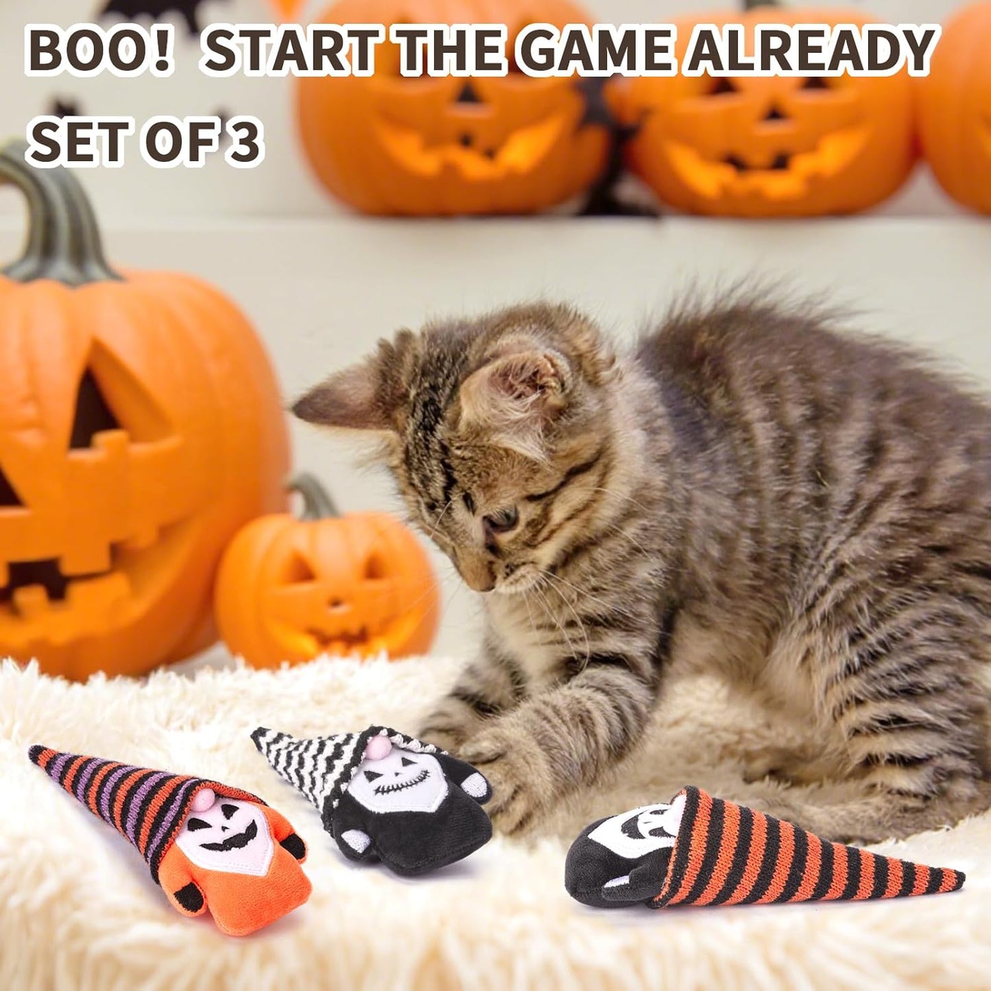 Retro Shaw Halloween Cat Toys Gnomes, 3Pcs Crinkle Sound Catnip Toys for Indoor Cats Kitten, Interactive Cat Nip Chew Kicker Kitty Toy for All Pet Breeds