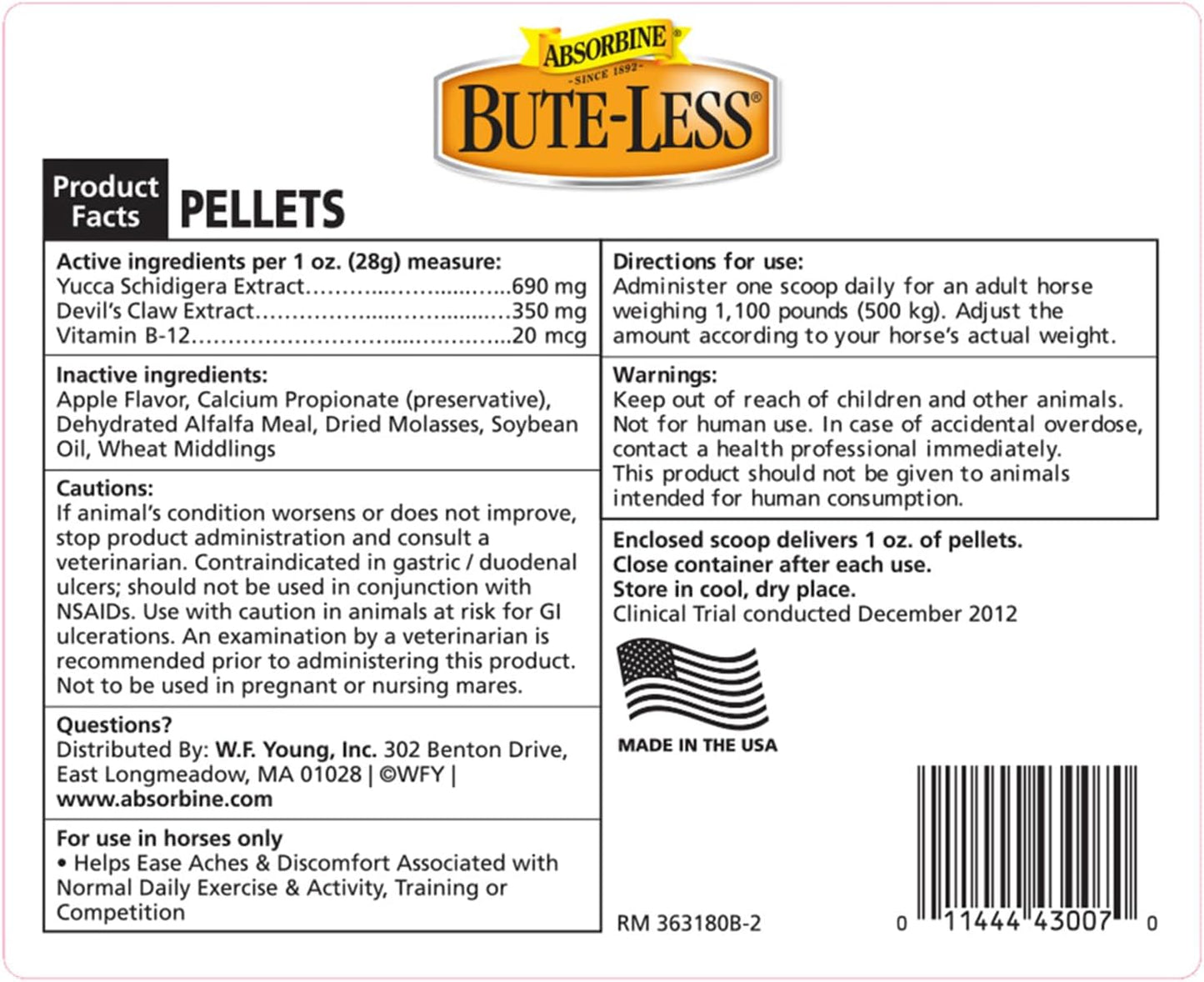 Absorbine Bute-Less Comfort & Recovery Support Supplement, Provides Long-Term Comfort, Gentle on Stomach, Includes Devil’s Claw, Vitamin B-12, Yucca, 10 lb / 160 Day Supply
