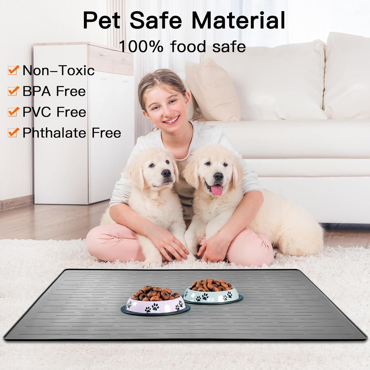 32" x 24" Large Pet Food Mat, Silicone Dog Mats for Food and Water, Nonslip Pet Feeding Mats for Floors,Dog Cat Bowl Mat with Raised Edges, Lake Blue