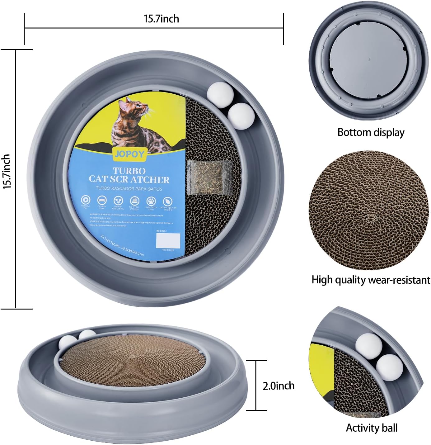 Interactive Cat Scratcher with Two Rotating Balls,Durable Scratch Pad for Indoor Play,Cardboard Cat Scratcher Pad with Cat Toy Ball Track and Catnip,2-in-1 Cat Toy (Grey)