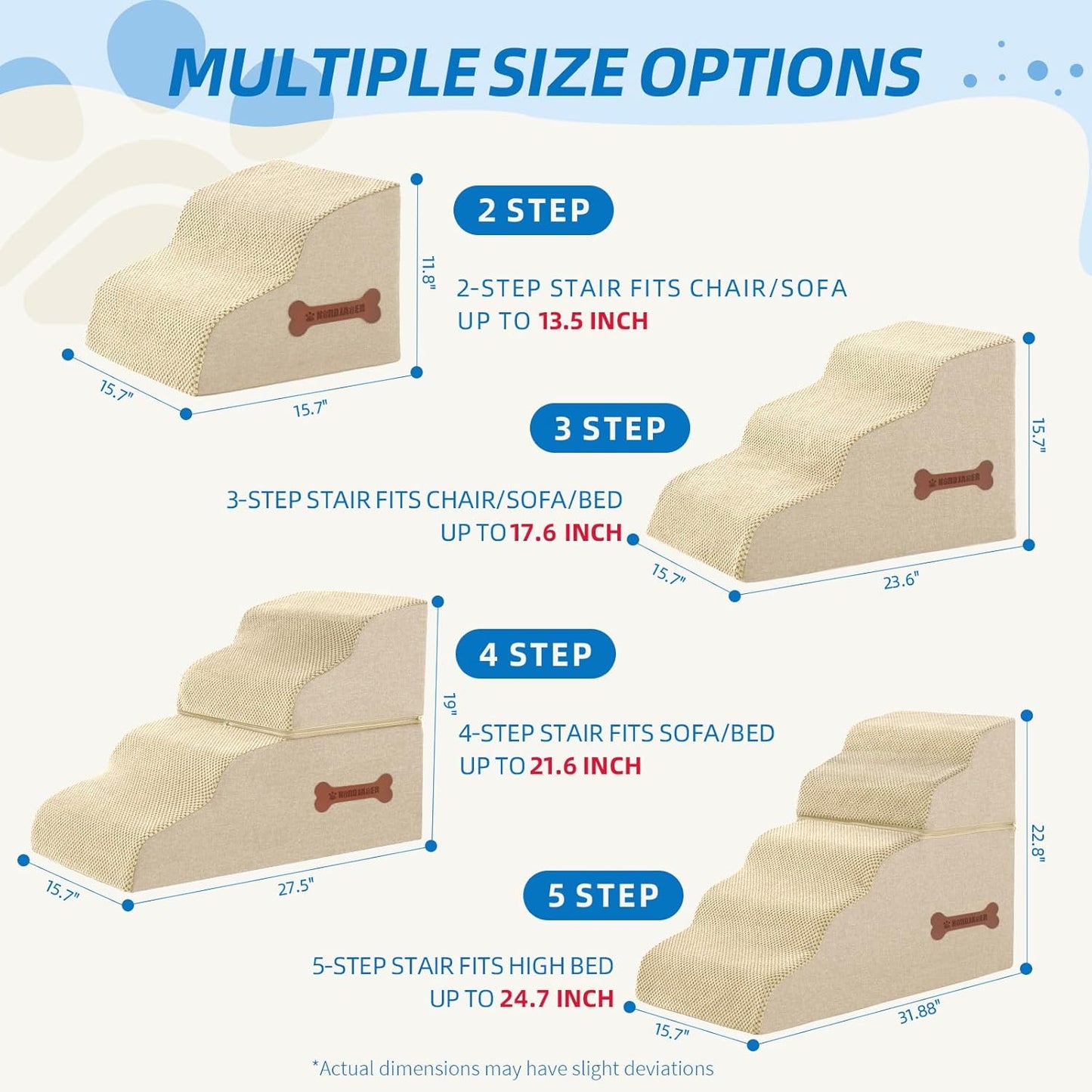 Dog Stairs for Small Dogs and Cats, 2 Steps Pet Stairs to Get on Couch Sofa and Chair, Indoor Non-Slip Balanced Portable Pet Step, High-Density Foam Ramp with Removable Washable Cover, Beige（11.8" H）