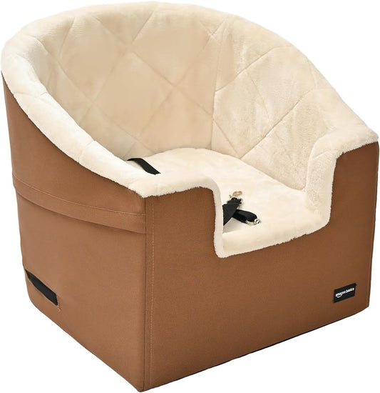Amazon Basics Pet Car Booster Bucket Seat for Small Pets up to 25lbs, Machine Washable Cover, Clip-On Safety Leash, 18" x 18" x 16", Tan