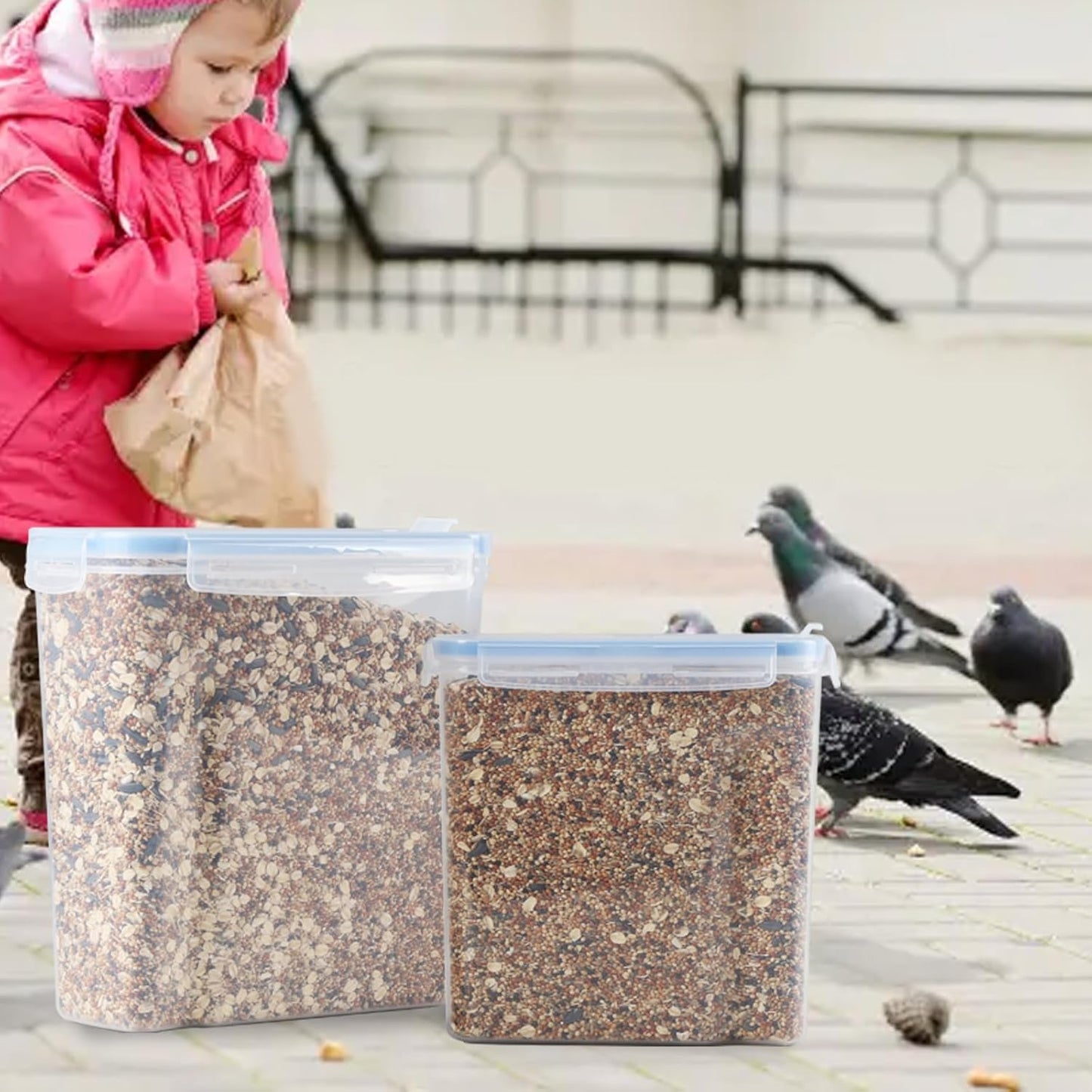 2Pack Bird Food Storage Container 3.52qt/4L & 2.2qt/2.5L, Airtight Pet Food Containers with Lids, Medium Latched Bird Seed Dispenser, BPA-Free