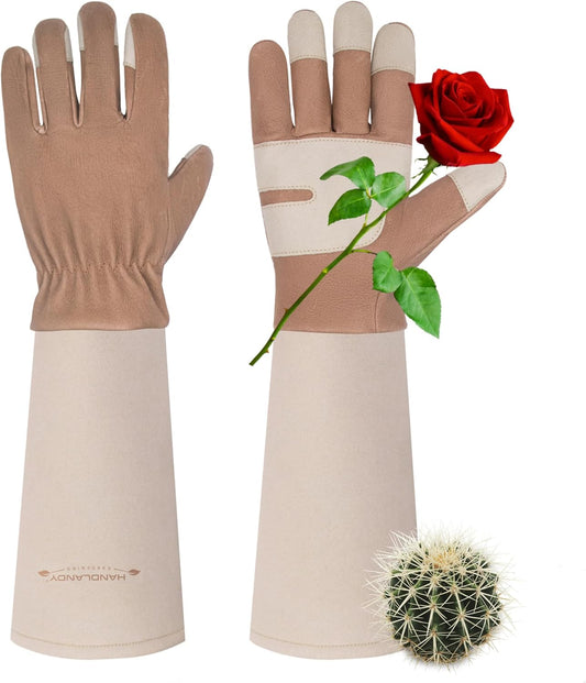 HANDLANDY Long Gardening Gloves for Men & Women, Thorn Proof Rose Pruning Gloves Leather Gauntlets Garden Glove Yard Work Glove (Small, Brown)