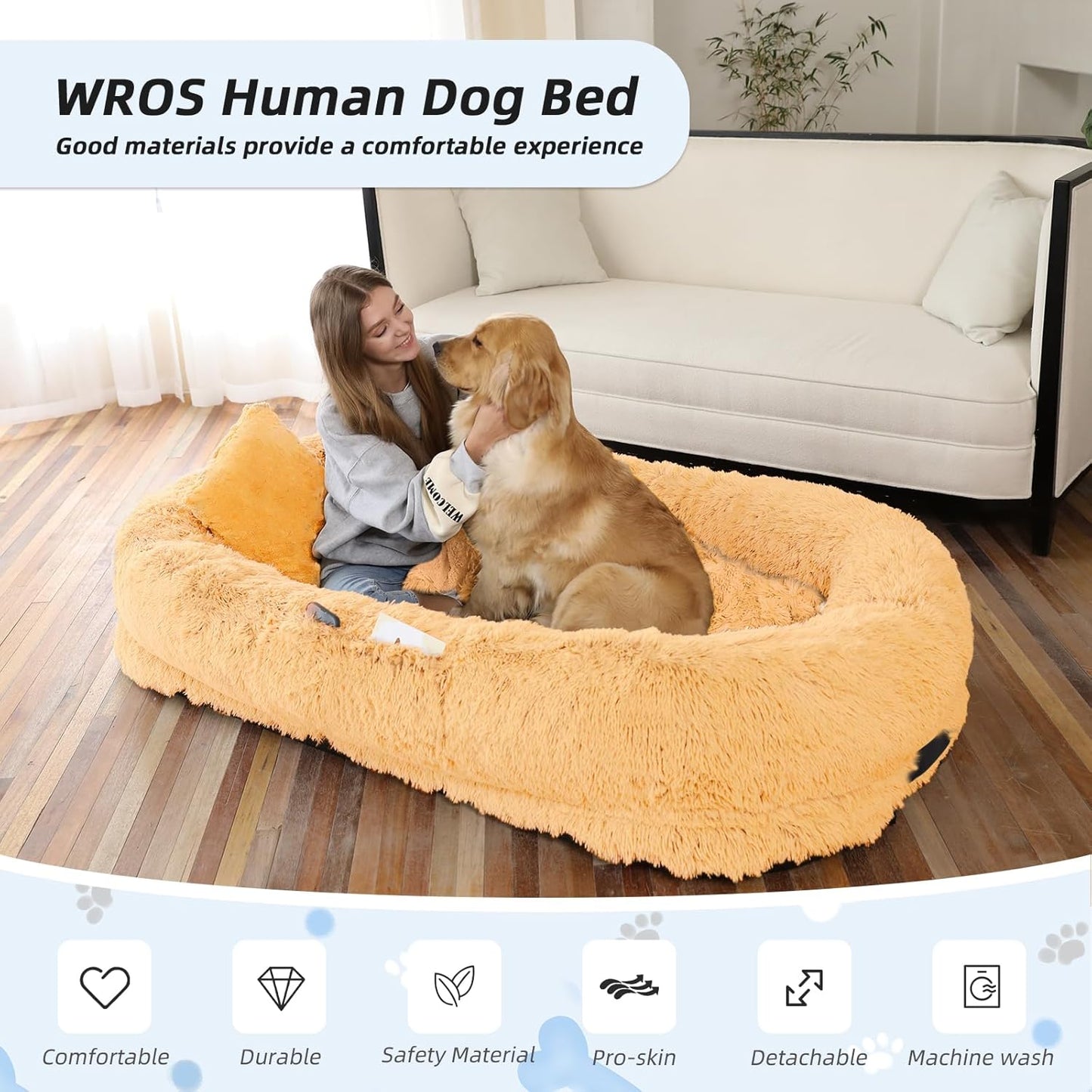 Human Dog Bed, 71''x45''x12'' Size Fits You and Pets, Washable Faux Fur Pet Bed for People Doze Off, Napping Orthopedic Dog Bed, Present Plump Pillow, Blanket, Strap - Pumpkin