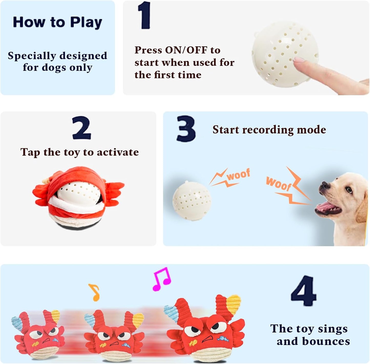 Interactive Dog Toys - Bouncing Crab with Music and Recording, Moving Ball for Small/Medium/Large Puppy to Keep Them Busy for Boredom, Smart Motion Activate Pet Toy, Rehargeable (Angry-Looking)