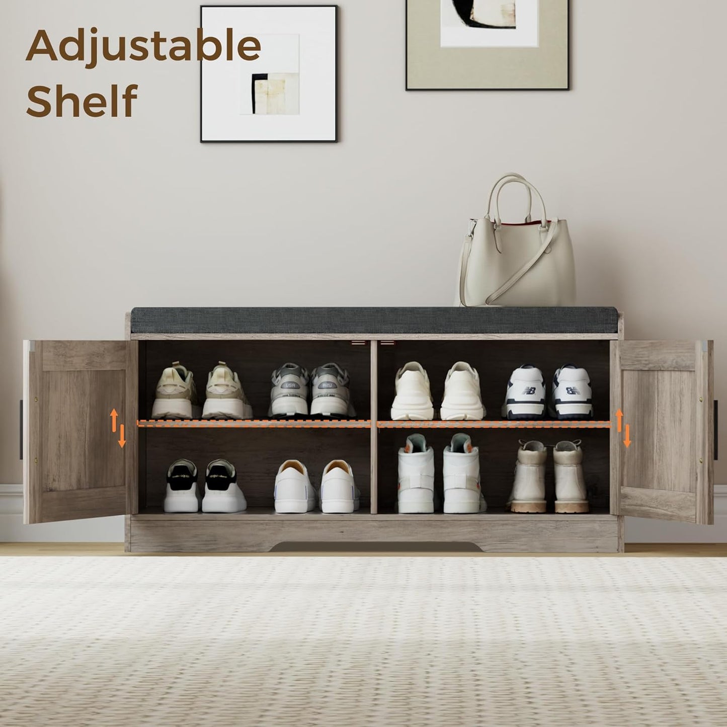 2-Tier Storage Bench, Shoe Bench with Thickened Padded Seat Cushion, Entryway Bench with 2 Doors, Adjustable Shelf, 13.8" D x 37.4" W x 18.5" H, for Entryway, Living Room, Bedroom, Greige